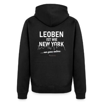 Leoben ist wie New York - Unisex Premium Bio Zip Hoodie - Schwarz - Hinten - Nico (187cm)