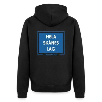 Das gesamte Skåne-Team Trelleborg Malmö - Unisex Premium Bio Zip Hoodie - Schwarz - Hinten - Nico (187cm)