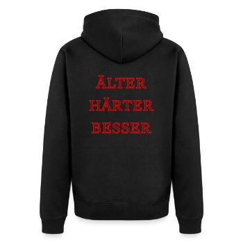 Typisch Mann, älter härter besser - Unisex Premium Bio Zip Hoodie - Schwarz - Hinten - Nico (187cm)