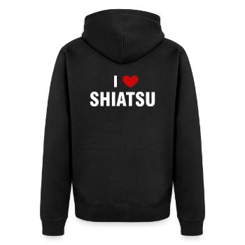 ICH LIEBE SHIATSU - Unisex Premium Bio Zip Hoodie - Schwarz - Hinten - Nico (187cm)