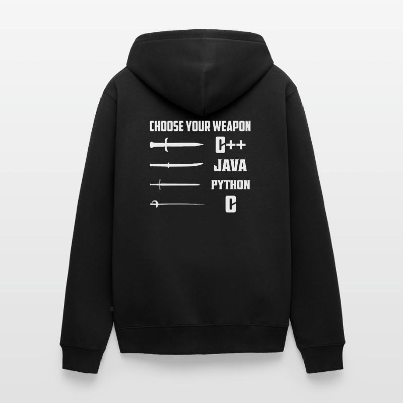 Choisissez votre arme C++, Java, Python, C Coding Pro Veste à capuche bio Premium Unisexe