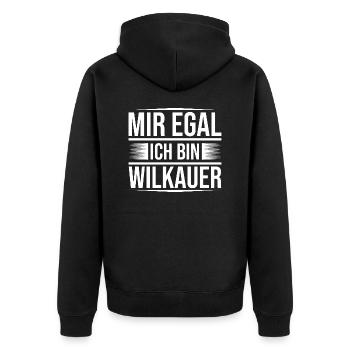Mir egal Wilkau - Unisex Premium Bio Zip Hoodie - Schwarz - Hinten - Nico (187cm)