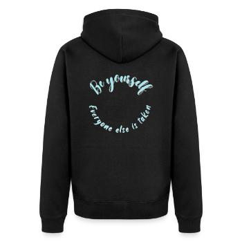 Sei du selbst - Unisex Premium Bio Zip Hoodie - Schwarz - Hinten - Nico (187cm)