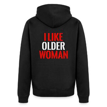 I like older Woman - Unisex Premium Bio Zip Hoodie - Schwarz - Hinten - Nico (187cm)