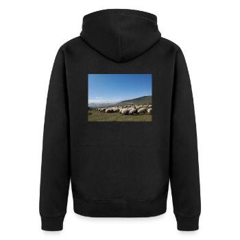 Schafe, Schafherde, Berge, Wiesen - Unisex Premium Bio Zip Hoodie - Schwarz - Hinten - Nico (187cm)
