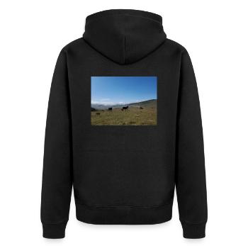Esel, Berge, Wiesen - Unisex Premium Bio Zip Hoodie - Schwarz - Hinten - Nico (187cm)