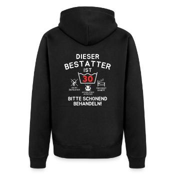 Dieser Bestatter ist 30. Schonend behandeln - Unisex Premium Bio Zip Hoodie - Schwarz - Hinten - Nico (187cm)