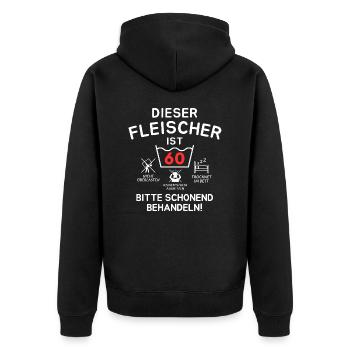 Dieser Fleischer ist 60. Schonend behandeln - Unisex Premium Bio Zip Hoodie - Schwarz - Hinten - Nico (187cm)