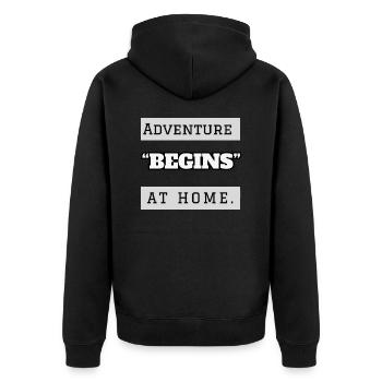 "Adventure Begins at home" - Unisex Premium Bio Zip Hoodie - Schwarz - Hinten - Nico (187cm)