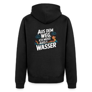 Aus dem Weg, ich muss aufs Wasser - Unisex Premium Bio Zip Hoodie - Schwarz - Hinten - Nico (187cm)