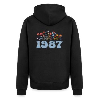1987 Motif floral 1987 Floral thème fleurs 1987 - Veste à capuche bio Premium Unisexe - noir - Dos - Nico (187cm)