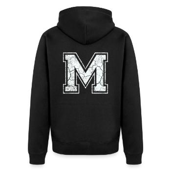 Letter of m in white in Used Look - Unisex Premium Organic Zip Hoodie - black - Back - Nico (187cm)