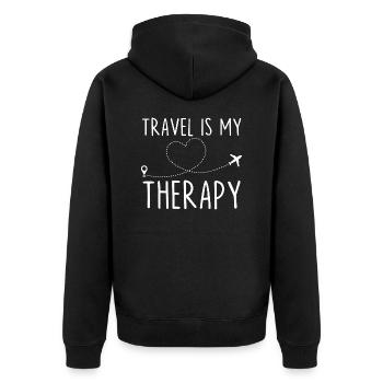 Reisen ist meine Therapie - Unisex Premium Bio Zip Hoodie - Schwarz - Hinten - Nico (187cm)