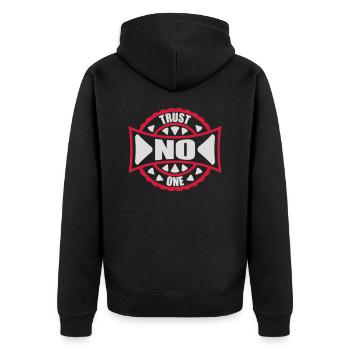 trust no one Zitat - Unisex Premium Bio Zip Hoodie - Schwarz - Hinten - Nico (187cm)
