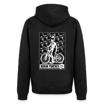 T-Shirt Pedal Power: Comic Bikerin mit Totenköpfen - Unisex Premium Bio Zip Hoodie - Schwarz - Hinten - Nico (187cm)