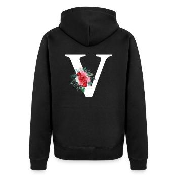 Roter floraler V-Buchstabe - Unisex Premium Bio Zip Hoodie - Schwarz - Hinten - Nico (187cm)