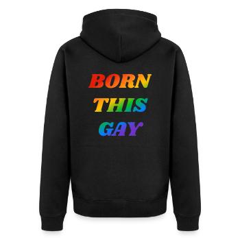 Né ce texte arc-en-ciel gay - Veste à capuche bio Premium Unisexe - noir - Dos - Nico (187cm)