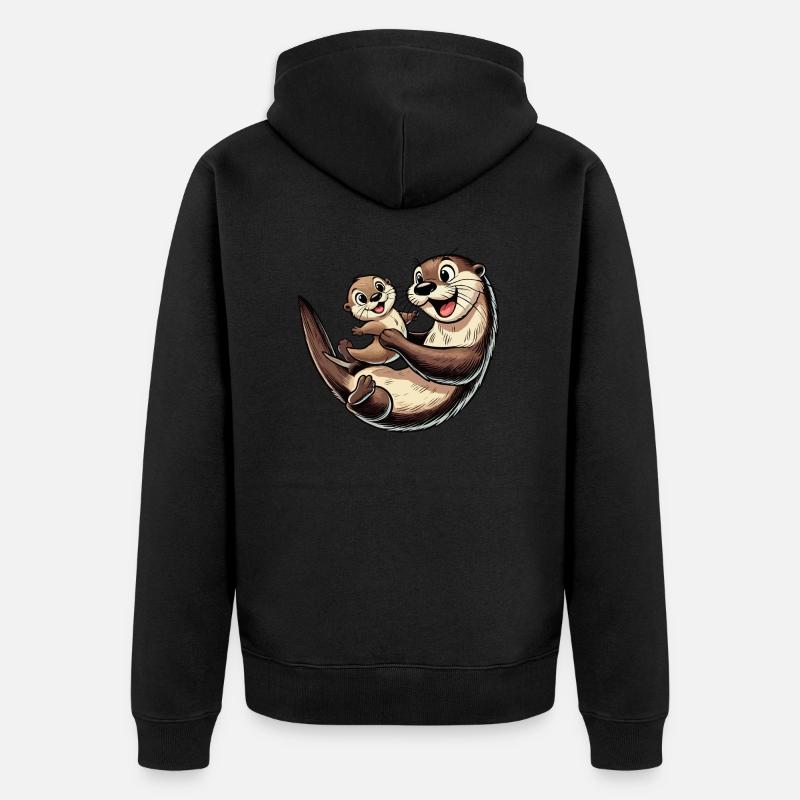 Fischotter-Mutter mit herumtollendem Kind - Unisex Premium Bio Zip Hoodie - Schwarz