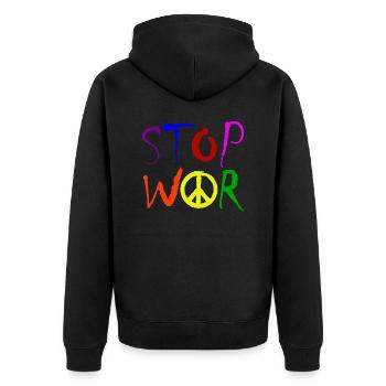 STOP WAR mit Peace Zeichen Peace Symbol – NO WAR - Unisex Premium Bio Zip Hoodie - Schwarz - Hinten - Nico (187cm)