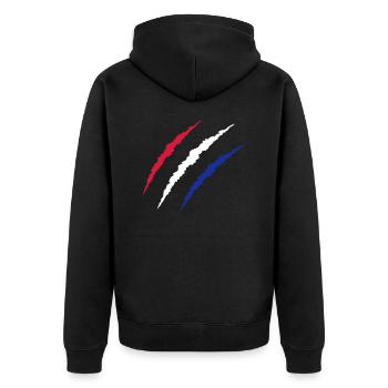 krallen_niederlande - Unisex Premium Bio Zip Hoodie - Schwarz - Hinten - Nico (187cm)