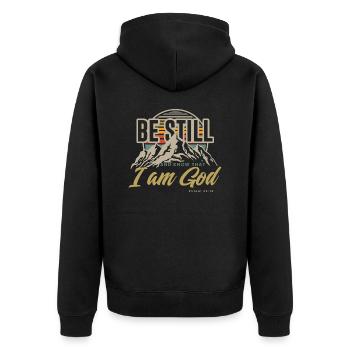 Sei still und wisse, dass ich Gott bin Psalm 46,10 - Unisex Premium Bio Zip Hoodie - Schwarz - Hinten - Nico (187cm)