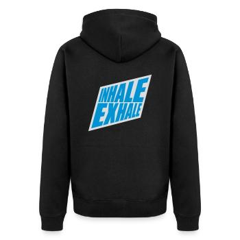 inhale exhale yoga Zitat - Unisex Premium Bio Zip Hoodie - Schwarz - Hinten - Nico (187cm)
