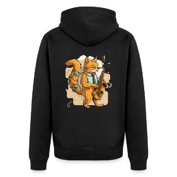 Jazzy Cat Musiker - Unisex Premium Bio Zip Hoodie - Schwarz - Hinten - Nico (187cm)