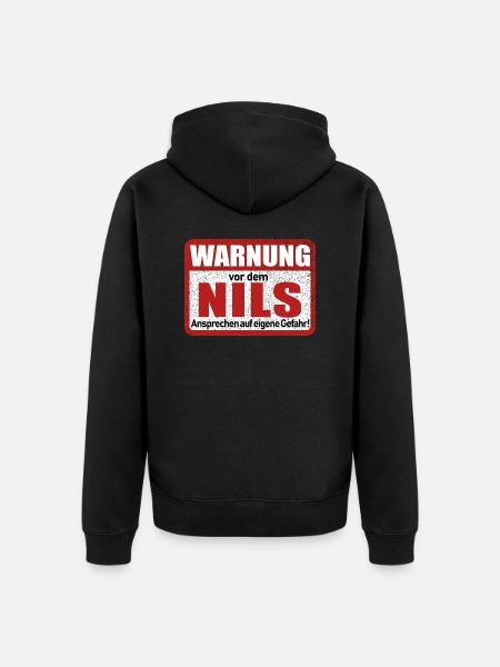 Nils Name Lustiges Warnschild - Unisex Premium Bio Zip Hoodie - Schwarz