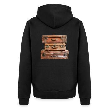 Die Koffer sind gepackt – Das Abenteuer beginnt! - Unisex Premium Bio Zip Hoodie - Schwarz - Hinten - Nico (187cm)