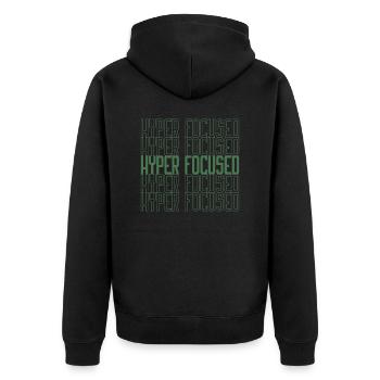 Hyperfocused in green - Unisex Premium Bio Zip Hoodie - Schwarz - Hinten - Nico (187cm)