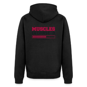 Muskeln im Aufbau... Bodybuilding lustiger Humor - Unisex Premium Bio Zip Hoodie - Schwarz - Hinten - Nico (187cm)