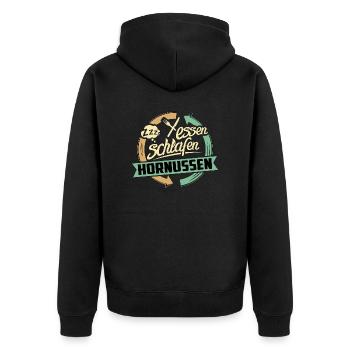 Sport Design Hornussen RAHMENLOS Geschenk Hobby - Unisex Premium Bio Zip Hoodie - Schwarz - Hinten - Nico (187cm)