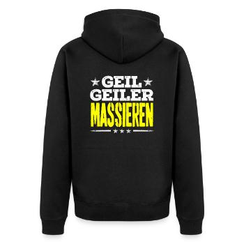 massieren - geil - Unisex Premium Bio Zip Hoodie - Schwarz - Hinten - Nico (187cm)