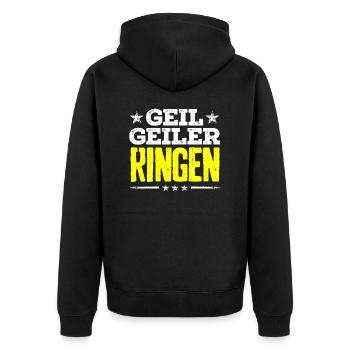 ringen - geil - Unisex Premium Bio Zip Hoodie - Schwarz - Hinten - Nico (187cm)