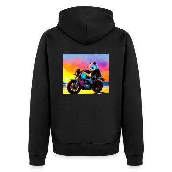 Panda auf Motorrad bei Sonnenuntergang - Unisex Premium Bio Zip Hoodie - Schwarz - Hinten - Nico (187cm)