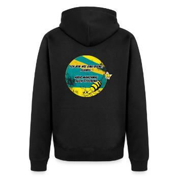 Ich bin wie eine Biene:Fleißig, aber auch stechend - Unisex Premium Bio Zip Hoodie - Schwarz - Hinten - Nico (187cm)