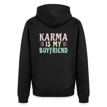 Karma is my boyfriend - Unisex Premium Bio Zip Hoodie - Schwarz - Hinten - Nico (187cm)
