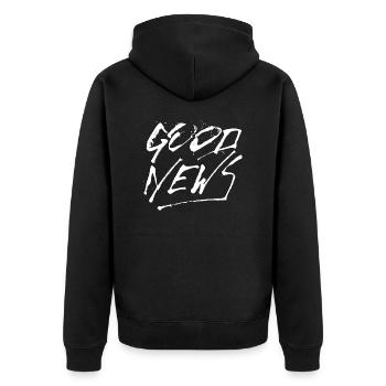 Good News weiss - Unisex Premium Bio Zip Hoodie - Schwarz - Hinten - Nico (187cm)