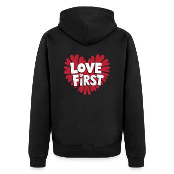 love first - Unisex Premium Bio Zip Hoodie - Schwarz - Hinten - Nico (187cm)