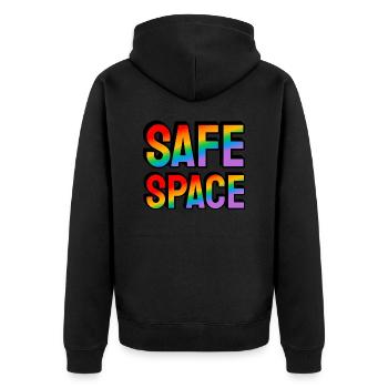Safe Space Regenbogen Text LGBT Pride Monat - Unisex Premium Bio Zip Hoodie - Schwarz - Hinten - Nico (187cm)