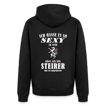 Sexy Steirer – Es ist einfach angeboren - Unisex Premium Bio Zip Hoodie - Schwarz - Hinten - Nico (187cm)