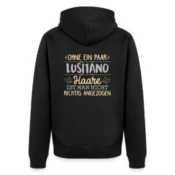 LUSITANO Haare gehören dazu - Unisex Premium Bio Zip Hoodie - Schwarz - Hinten - Nico (187cm)
