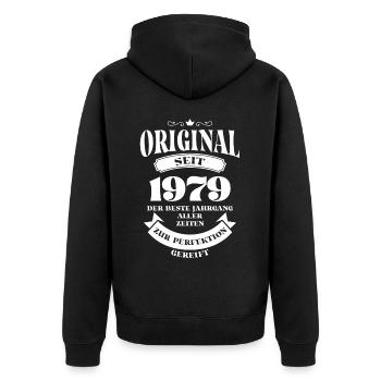 Vintage Original Design Geburtstag Jahrgang 1979 - Unisex Premium Bio Zip Hoodie - Schwarz - Hinten - Nico (187cm)