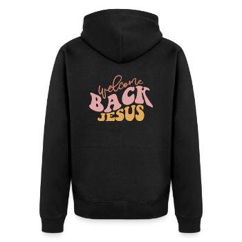 Welcome Back Jesus - Unisex Premium Bio Zip Hoodie - Schwarz - Hinten - Nico (187cm)