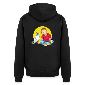 Junge spricht mit einer Siamkatze - Unisex Premium Bio Zip Hoodie - Schwarz - Hinten - Nico (187cm)