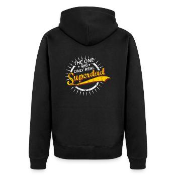 The one and only real Superdad RAHMENLOS® - Unisex Premium Bio Zip Hoodie - Schwarz - Hinten - Nico (187cm)