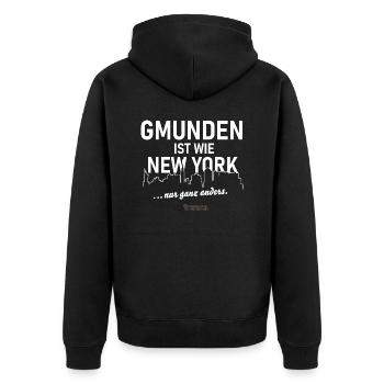 Gmunden ist wie New York - Unisex Premium Bio Zip Hoodie - Schwarz - Hinten - Nico (187cm)