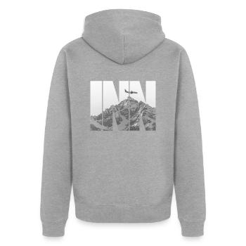 INN Airport - Unisex Premium Bio Zip Hoodie - Grau meliert - Hinten - Nico (187cm)