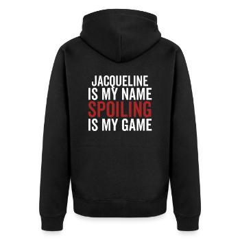 Jacqueline ist mein Name Verderben ist mein Spiel - Unisex Premium Bio Zip Hoodie - Schwarz - Hinten - Nico (187cm)