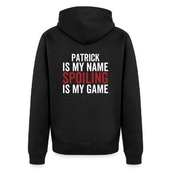Patrick ist mein Name Spoiling ist mein Spiel - Unisex Premium Bio Zip Hoodie - Schwarz - Hinten - Nico (187cm)